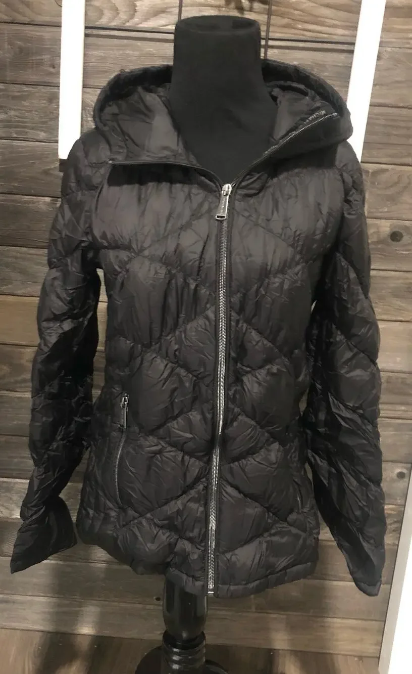Michael Kors black packable down fill puffer overcoat jacket women's size small